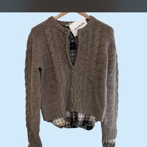 Acne taupe cable knit cardigan with plaid trim